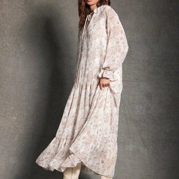 Brown Casual Women's Chiffon Long Sleeve Floral Maxi Dress - Picture 3 of 5